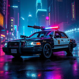 A 1993 Ford Crown Victoria police car, featuring a sleek, low-profile LED light bar on top, custom black wheels that add an aggressive look, and equipped with a futuristic energy cannon mounted on the hood