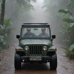 Alter the image to depict John Hammond driving hastily in the Jurassic Park Jeep through the rain-soaked jungle, heading towards the well-lit control room located in the Visitor Center.