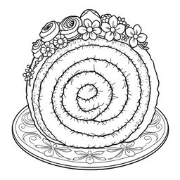 A black-and-white coloring page illustration of a delightful roll cake, intricately designed for coloring