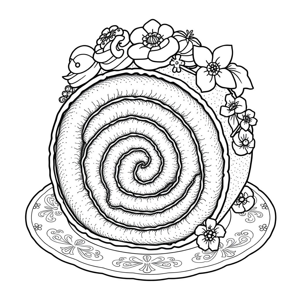 A black-and-white coloring page illustration of a delightful roll cake, intricately designed for coloring