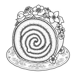 A black-and-white coloring page illustration of a delightful roll cake, intricately designed for coloring