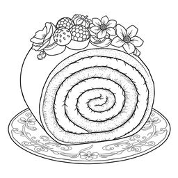 A black-and-white coloring page illustration of a delightful roll cake, intricately designed for coloring