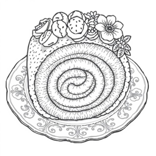 A black-and-white coloring page illustration of a delightful roll cake, intricately designed for coloring