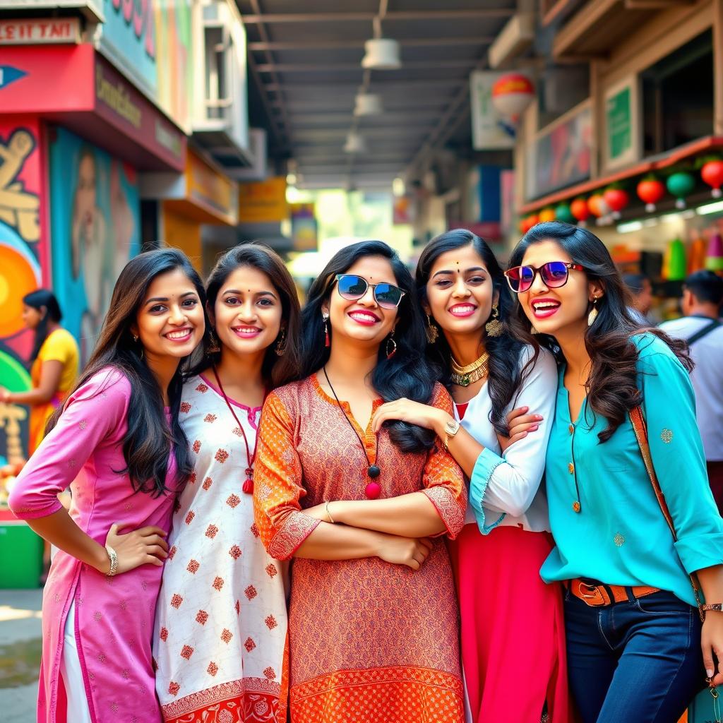 A group of playful and confident Indian women engaging in lighthearted mischief, showcasing a fun and cheeky atmosphere