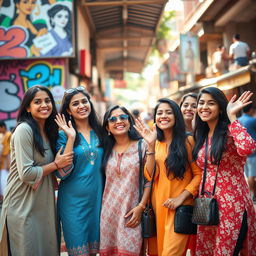 A group of playful and confident Indian women engaging in lighthearted mischief, showcasing a fun and cheeky atmosphere