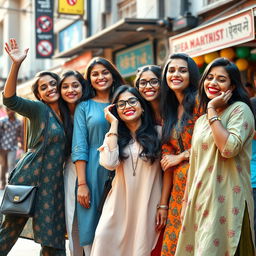 A group of playful and confident Indian women engaging in lighthearted mischief, showcasing a fun and cheeky atmosphere