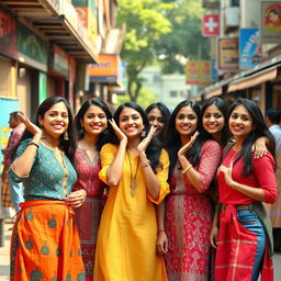 A group of playful and confident Indian women engaging in lighthearted mischief, showcasing a fun and cheeky atmosphere