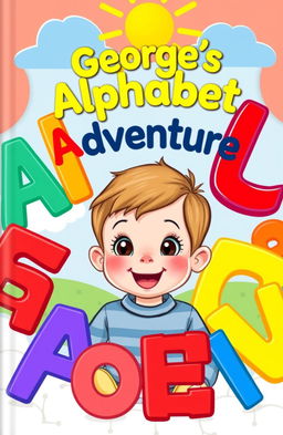 A cheerful and vibrant children's book cover featuring a 2-year-old toddler named George, surrounded by colorful, oversized letters of the alphabet
