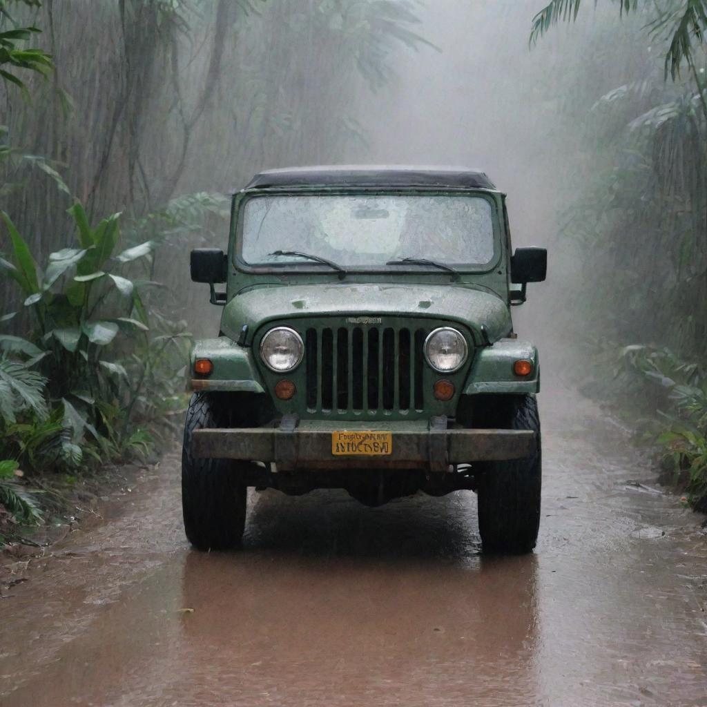 Alter the image to depict John Hammond driving hastily in the Jurassic Park Jeep through the rain-soaked jungle, heading towards the well-lit control room located in the Visitor Center.