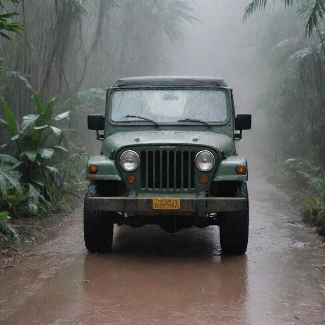 Alter the image to depict John Hammond driving hastily in the Jurassic Park Jeep through the rain-soaked jungle, heading towards the well-lit control room located in the Visitor Center.