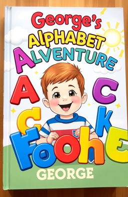 A cheerful and vibrant children's book cover featuring a 2-year-old toddler named George, surrounded by colorful, oversized letters of the alphabet