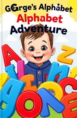 A cheerful and vibrant children's book cover featuring a 2-year-old toddler named George, surrounded by colorful, oversized letters of the alphabet