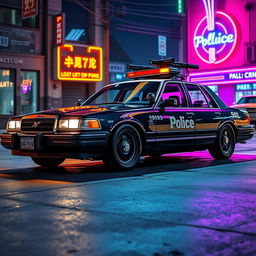 A 1993 Crown Victoria police car featuring a low-profile LED light bar and custom black wheels