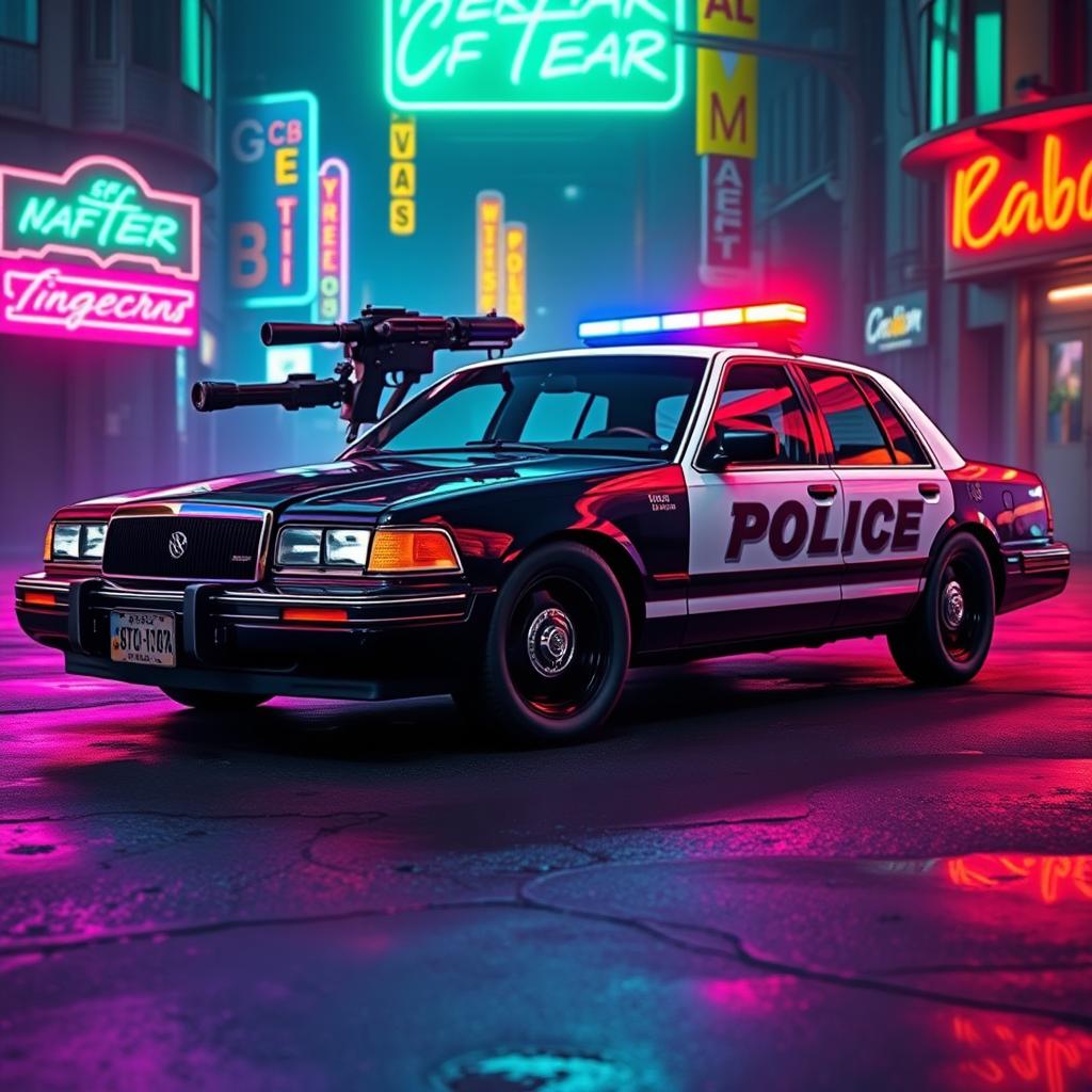 A 1993 Crown Victoria police car featuring a low-profile LED light bar and custom black wheels