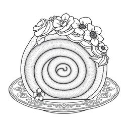 A black-and-white coloring page illustration of an exquisite roll cake, intricately designed for coloring