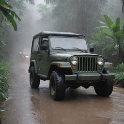 Alter the image to depict John Hammond driving hastily in the Jurassic Park Jeep through the rain-soaked jungle, heading towards the well-lit control room located in the Visitor Center.