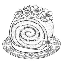 A black-and-white coloring page illustration of an exquisite roll cake, intricately designed for coloring