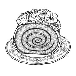 A black-and-white coloring page illustration of an exquisite roll cake, intricately designed for coloring