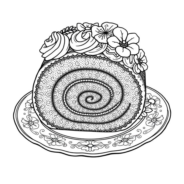 A black-and-white coloring page illustration of an exquisite roll cake, intricately designed for coloring