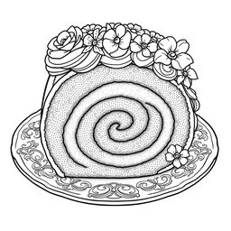 A black-and-white coloring page illustration of an exquisite roll cake, intricately designed for coloring