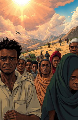 A detailed and evocative illustration depicting the complex themes of Ethiopia's war and the United States intervention