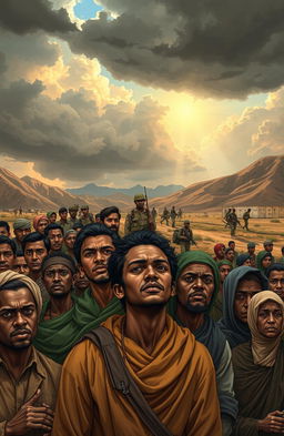 A detailed and evocative illustration depicting the complex themes of Ethiopia's war and the United States intervention