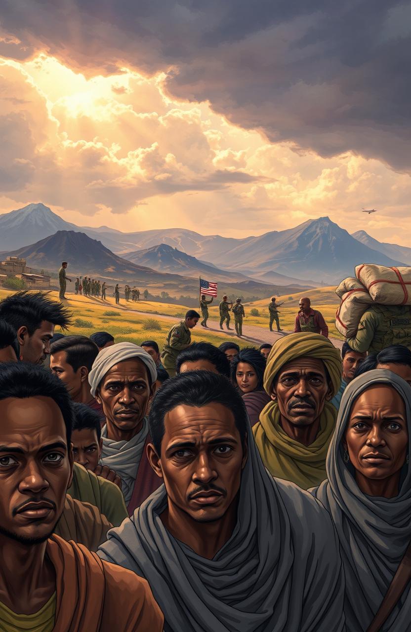 A detailed and evocative illustration depicting the complex themes of Ethiopia's war and the United States intervention