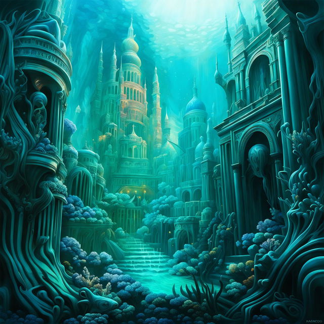 Hyper-realistic digital art of Atlantis submerged underwater with intricate architecture, bathed in iridescent light. Vibrant and exaggerated scene with large sea creatures swimming amongst buildings.