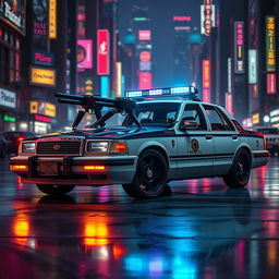 A 1993 Crown Victoria police car featuring a low-profile LED light bar and custom black wheels