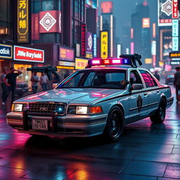 A 1993 Crown Victoria police car featuring a low-profile LED light bar and custom black wheels