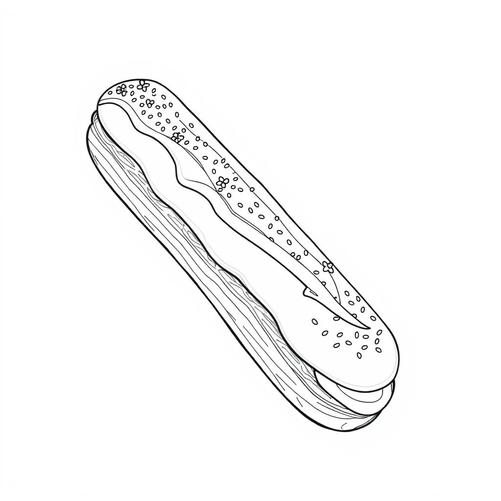 A black-and-white coloring page illustration of an elegant éclair, intricately designed for coloring