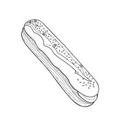 A black-and-white coloring page illustration of an elegant éclair, intricately designed for coloring