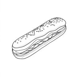 A black-and-white coloring page illustration of an elegant éclair, intricately designed for coloring