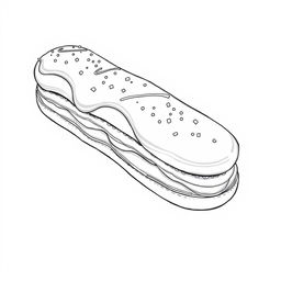 A black-and-white coloring page illustration of an elegant éclair, intricately designed for coloring