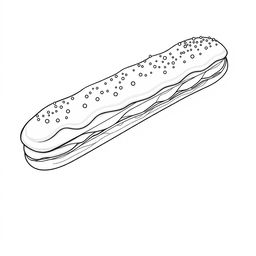 A black-and-white coloring page illustration of an elegant éclair, intricately designed for coloring