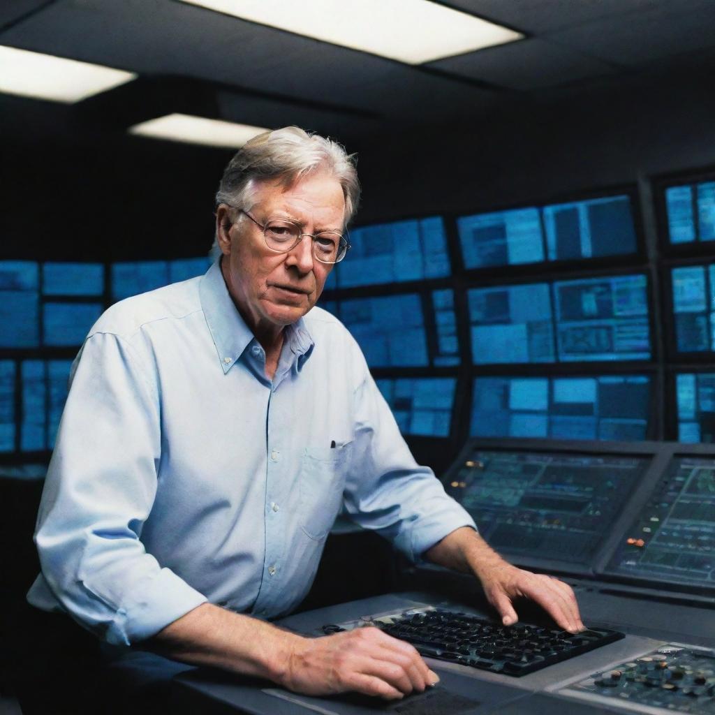 Modify the image to present John Hammond arriving inside the control room, working feverishly on the large, error-riddled, blue-screened computer systems to resolve the issue.