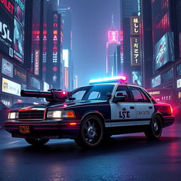 A 1993 Crown Victoria police car featuring a low-profile LED light bar on top and custom black alloy wheels