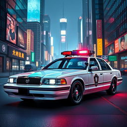 A 1993 Crown Victoria police car featuring a low-profile LED light bar on top and custom black alloy wheels