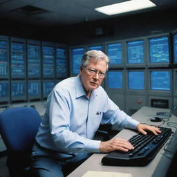 Modify the image to present John Hammond arriving inside the control room, working feverishly on the large, error-riddled, blue-screened computer systems to resolve the issue.