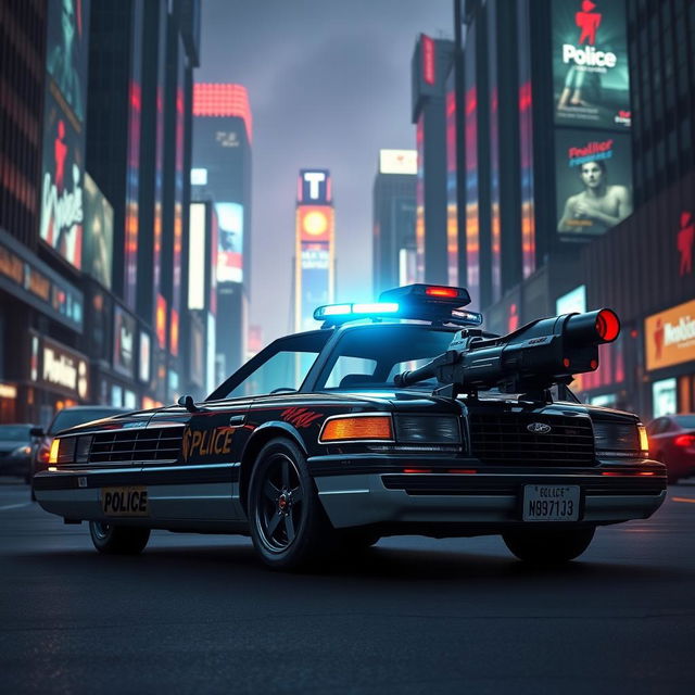 A 1993 Crown Victoria police car featuring a low-profile LED light bar on top and custom black alloy wheels