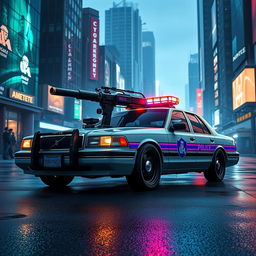 A 1993 Crown Victoria police car featuring a low-profile LED light bar on top and custom black alloy wheels