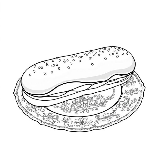 A black-and-white coloring page illustration of a delicious éclair elegantly placed on a beautifully designed plate, intricately crafted for coloring