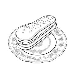 A black-and-white coloring page illustration of a delicious éclair elegantly placed on a beautifully designed plate, intricately crafted for coloring
