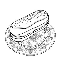 A black-and-white coloring page illustration of a delicious éclair elegantly placed on a beautifully designed plate, intricately crafted for coloring