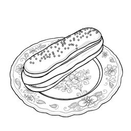 A black-and-white coloring page illustration of a delicious éclair elegantly placed on a beautifully designed plate, intricately crafted for coloring