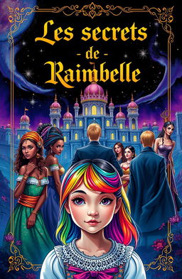 A captivating scene titled 'Les secrets de Raimbelle' in an elegant and mysterious font, rendered in gold or white at the top