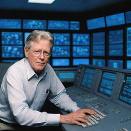 Modify the image to present John Hammond arriving inside the control room, working feverishly on the large, error-riddled, blue-screened computer systems to resolve the issue.