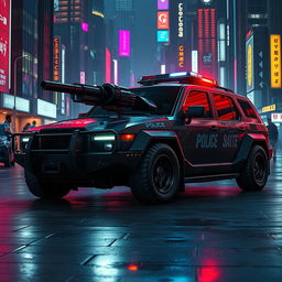 A heavily armored police car featuring a sleek, low-profile LED light bar on the roof, customized black wheels for a stealthy look