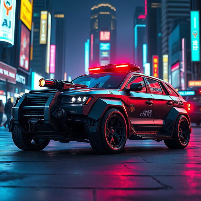 A heavily armored police car featuring a sleek, low-profile LED light bar on the roof, customized black wheels for a stealthy look