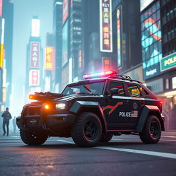 A heavily armored police car featuring a sleek, low-profile LED light bar on the roof, customized black wheels for a stealthy look